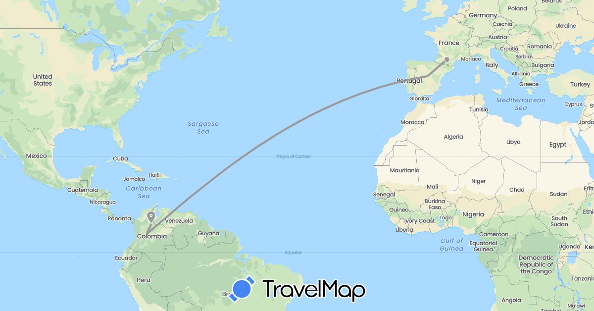 TravelMap itinerary: driving, plane in Colombia, Spain, France (Europe, South America)